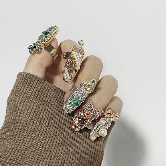 Y2K Bow Pearls  Diamond Crown Nail Ring - Picture 3 of 4